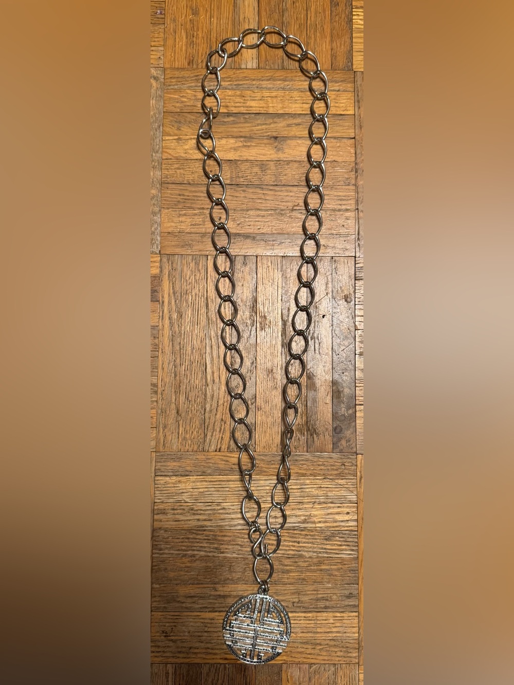 Silver Tone  Link Chain Belt With the Shou Chinese Symbol For Longevity